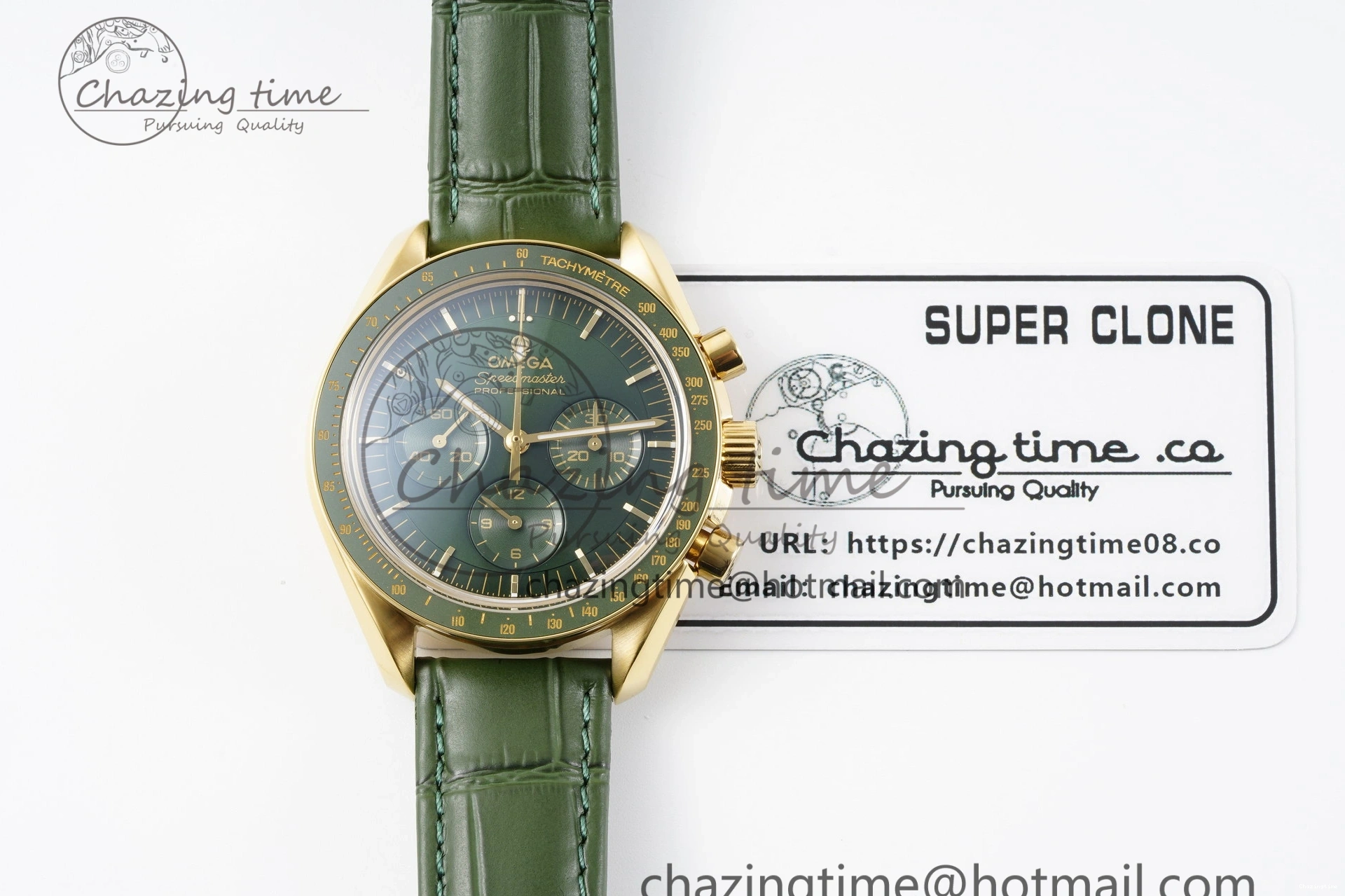 0205 Speedmaster Moonwatch in Moonshine Gold YG RMF Best Edition Green Dial on Green Leather Strap Manual Chrono EasyCare 7832